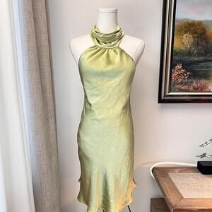 Kourt Chartreuse Satin Halter Midi Dress – Size Small
